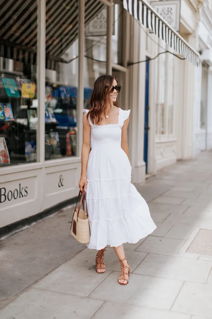 o.p.t. white midi dress valentino garavini rockstud 60 leather sandals loewe basket tote bag summer outfit london notting hill10 scaled 1