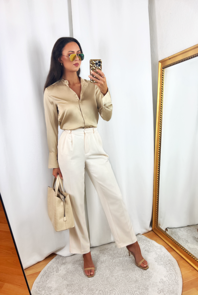 Champagne Beige Blouse Outfit with Cream Pants 687x1024 1