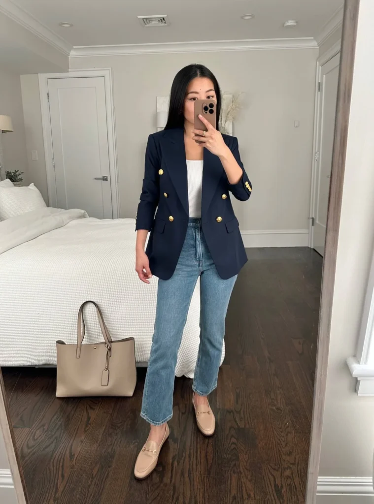 business casual jeans and blazer for petite women