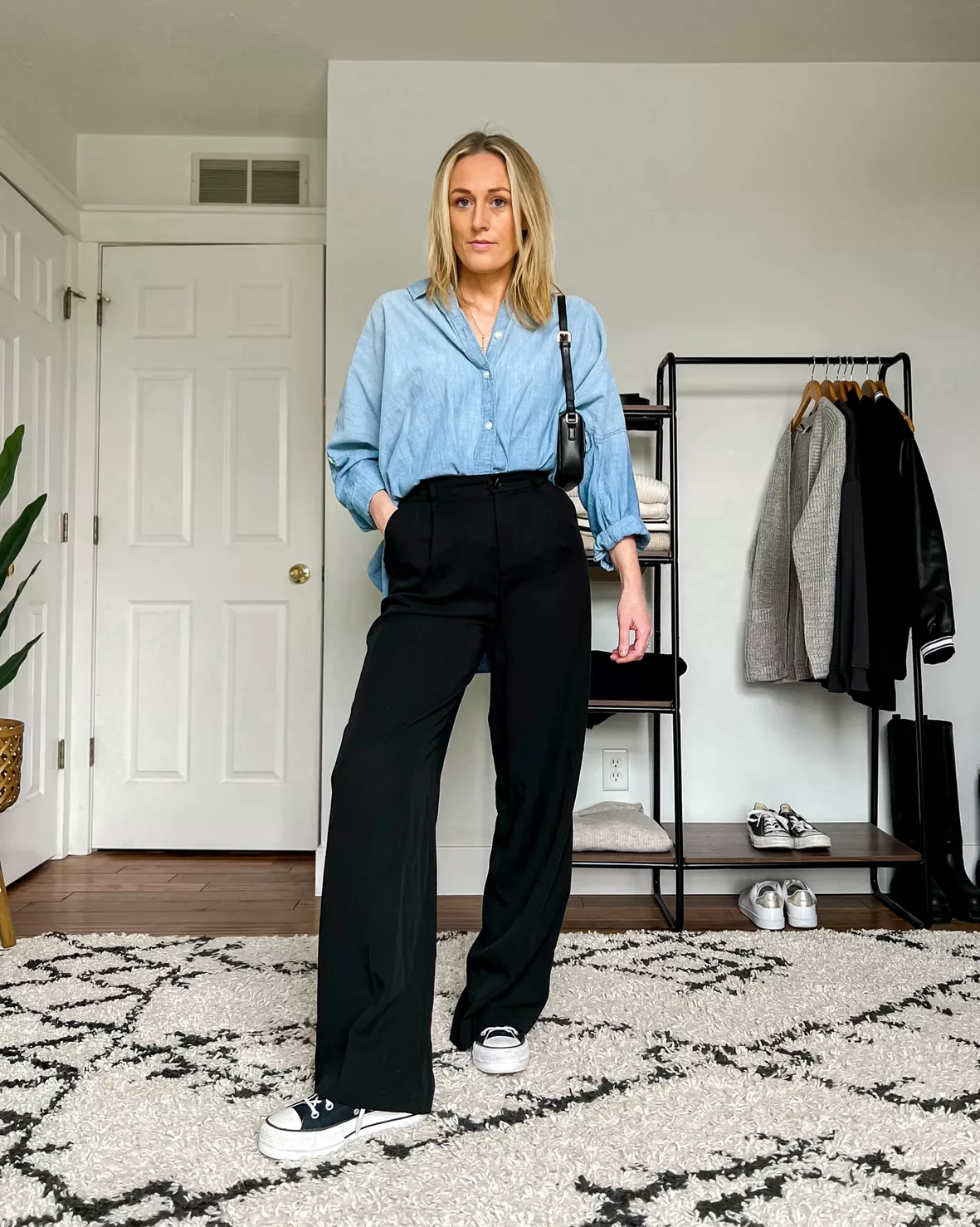 business outfit chambray shirt and black pant
